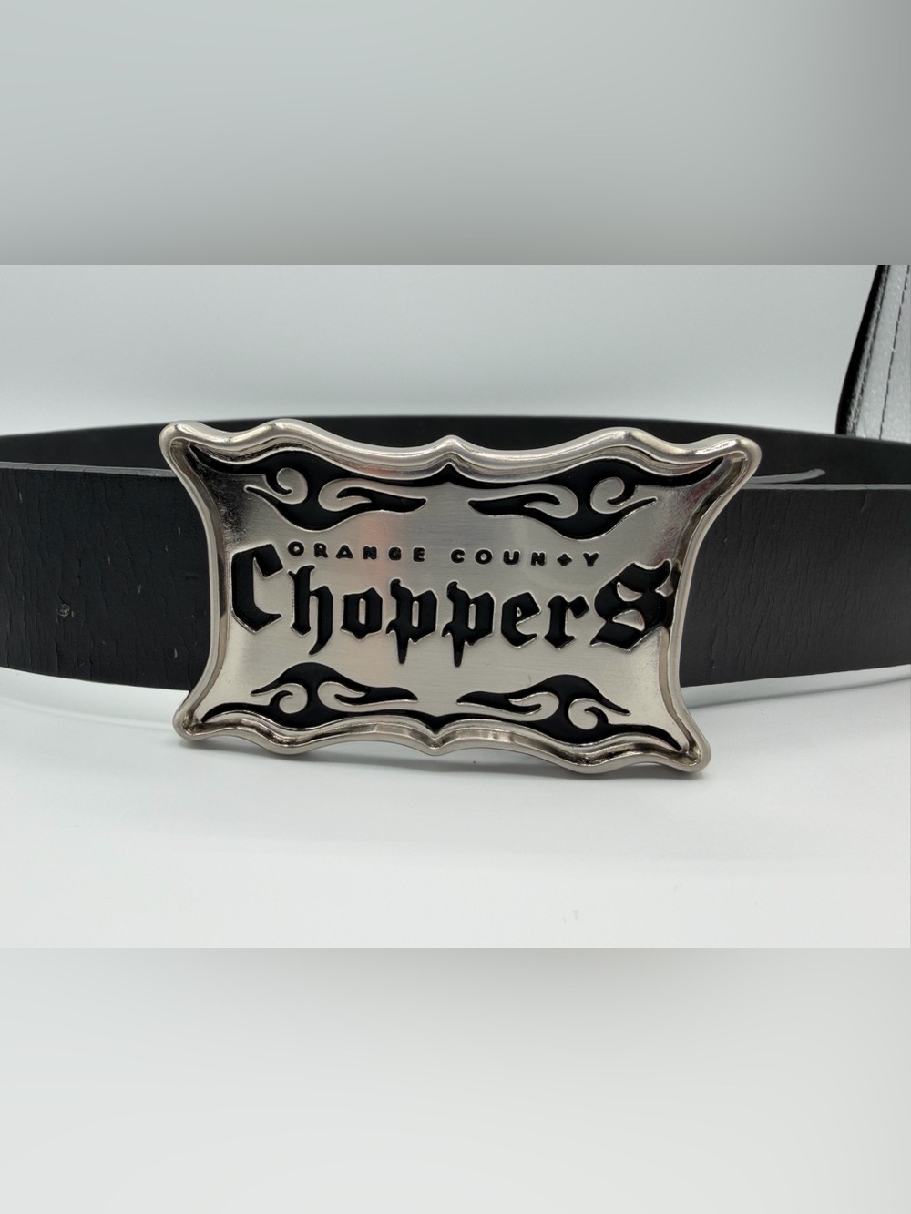 Orange County Choppers Black Leather Belt with Silver Logo Buckle